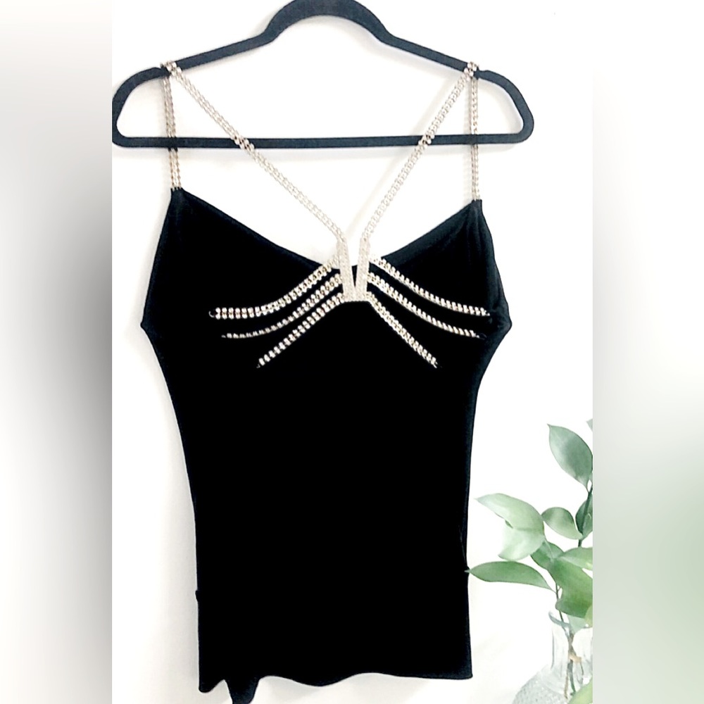 Black top Rhinestone straps. Beautiful! Cache Brand. Vintage. Limited Edition